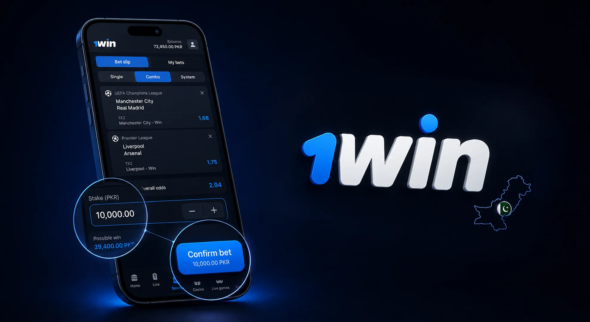 Entering stake and confirming bet on 1win betting slip