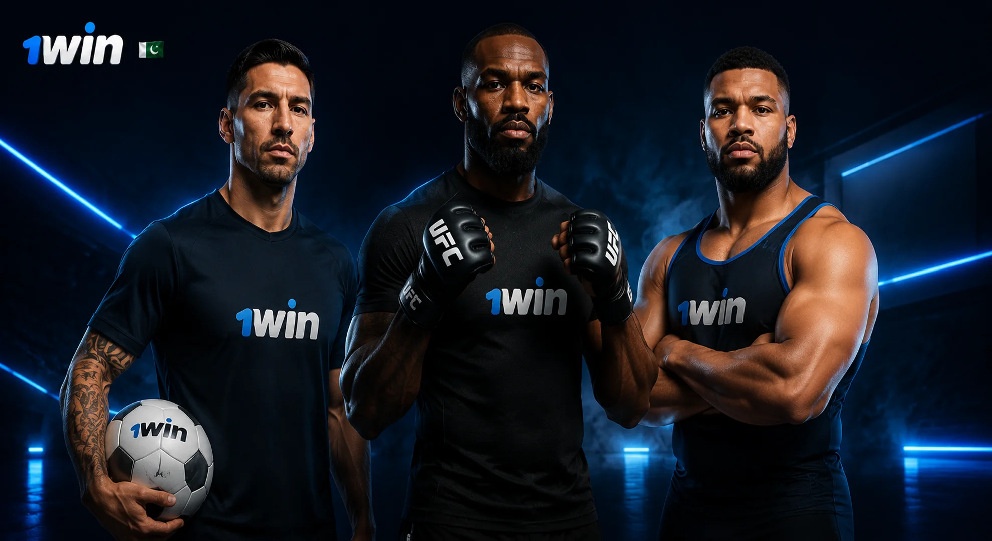 1win brand ambassadors Jon Jones, Gable Steveson, and Luis Suárez representing trust and stability.