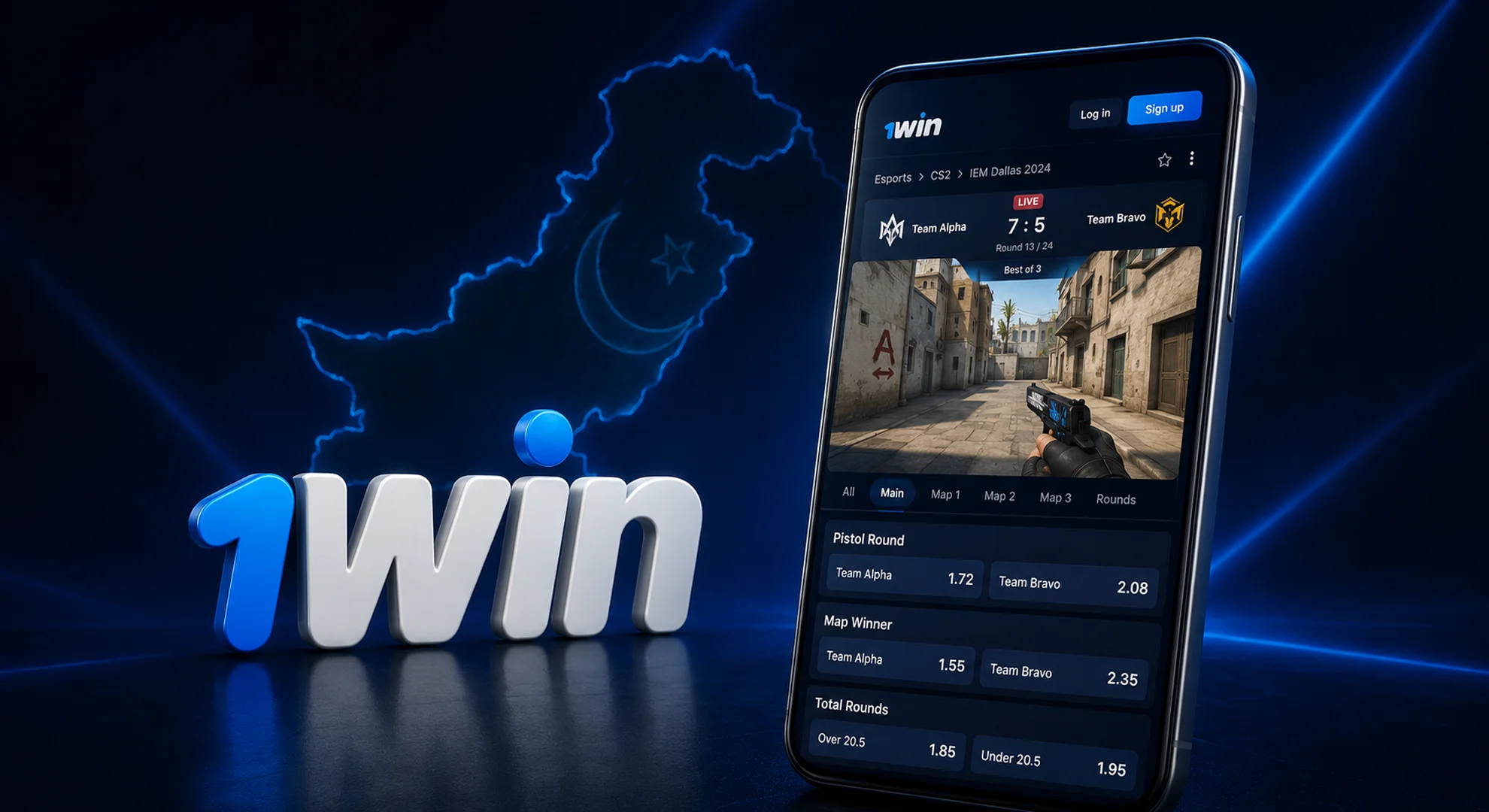 CS2 live betting on 1win with pistol round and map winner odds