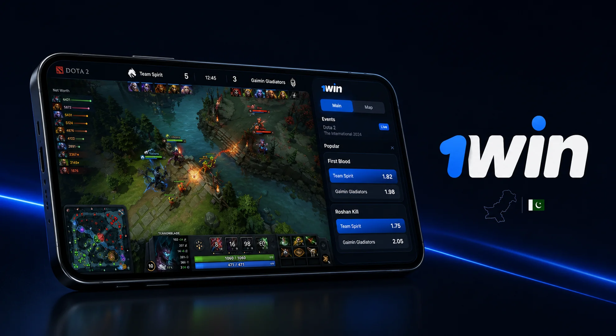 Dota 2 match betting on 1win with First Blood and Roshan kill markets