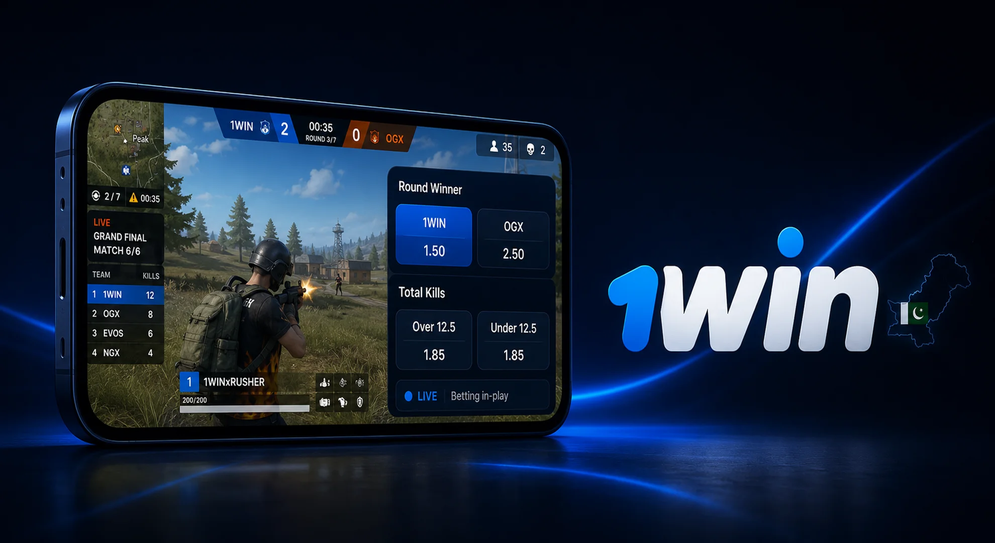 Free Fire mobile tournament betting on 1win with round winner and total kills