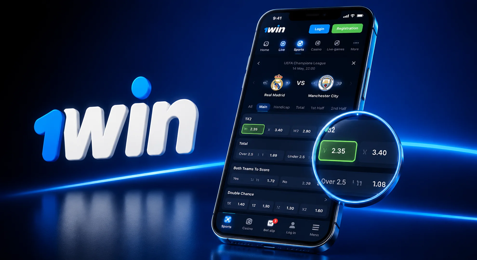 Selecting specific match and current odds on 1win platform