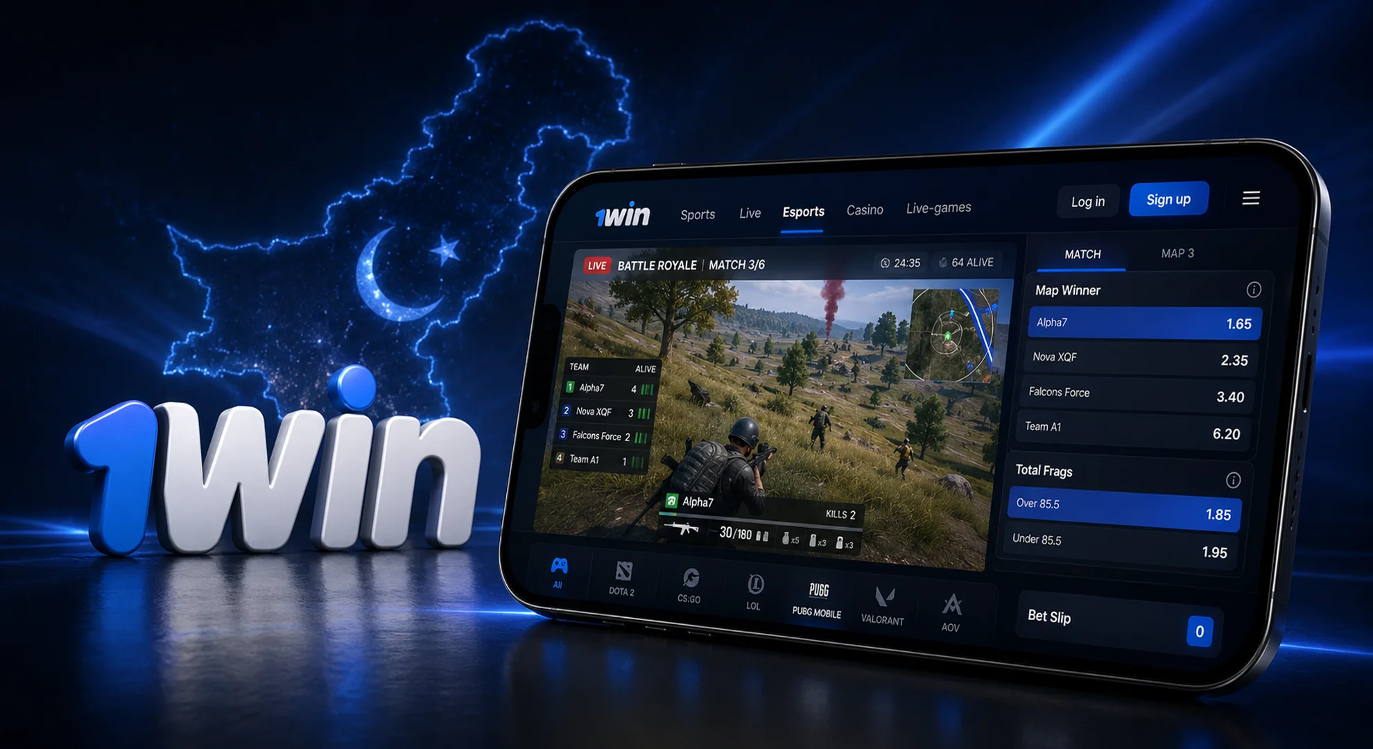 PUBG Mobile betting interface on 1win with map winner and total frags markets