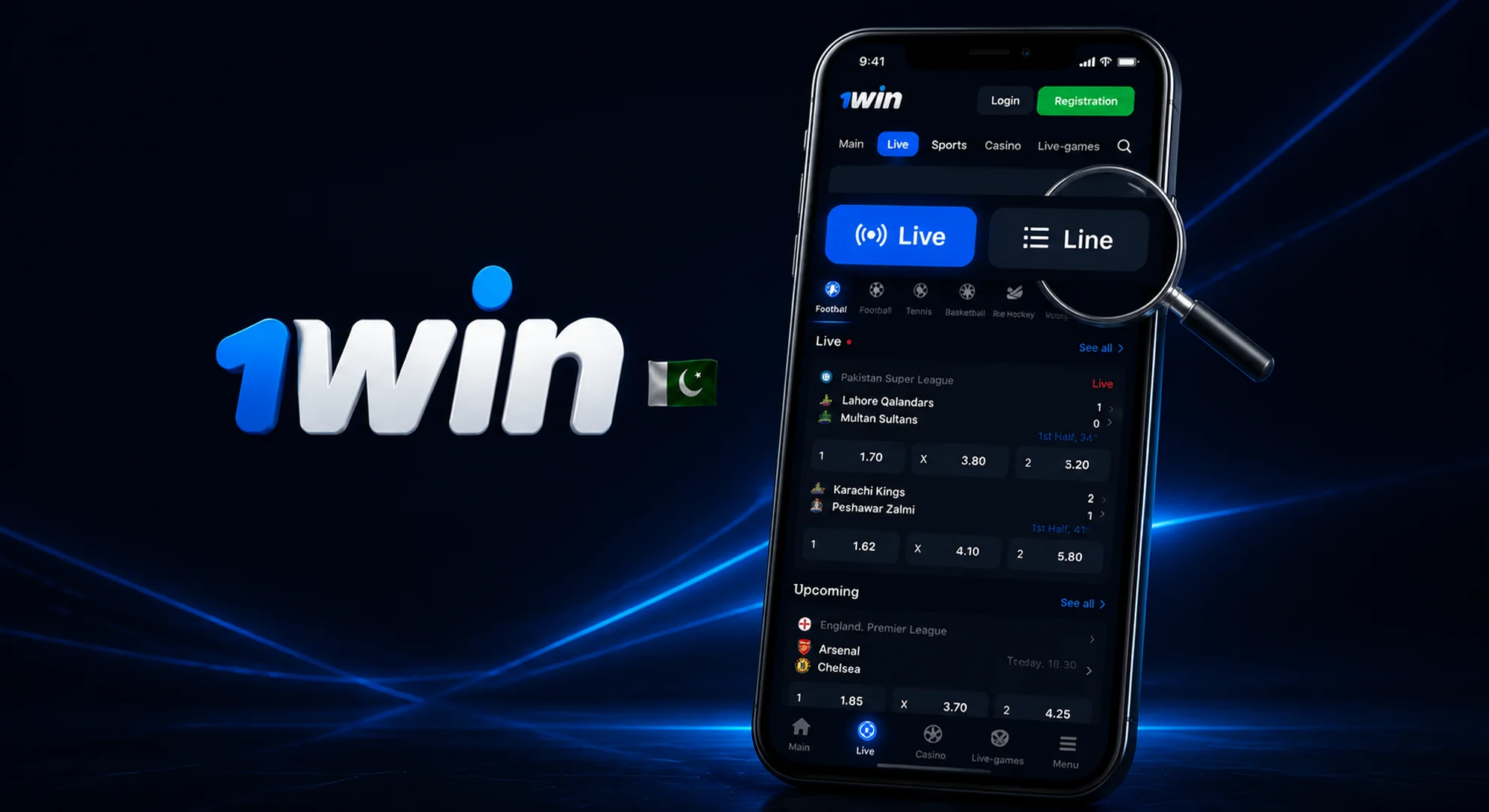 Interface of 1win sportsbook showing Live and Line betting sections